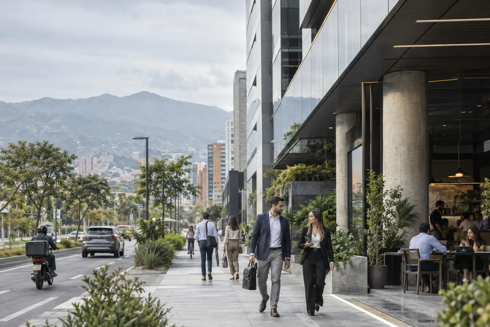 Business professionals walking through a modern commercial district in Medellín